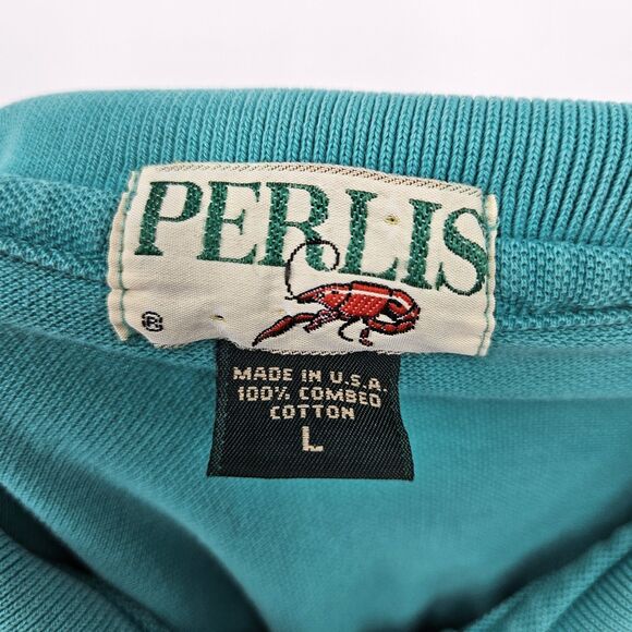 Perlis Shirt Mens Large Polo‎ Short Sleeve Green Teal Crawfish Logo Casual - Picture 8 of 9